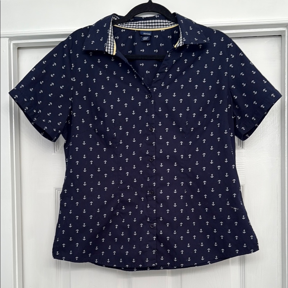 Basic Edition Navy Anchor Print Women's Button Down